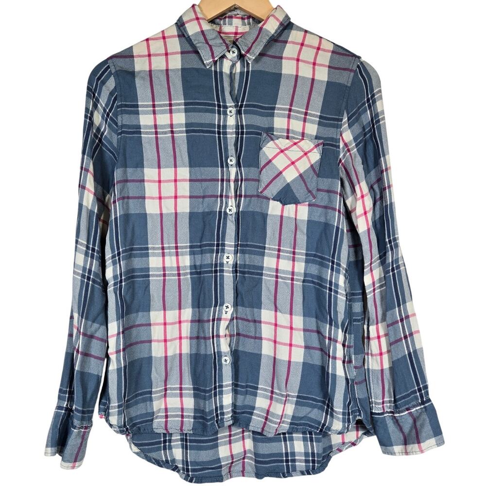 Woolrich Plaid‎ Button Down Shirt Womens M Blue Pink Long Sleeve Rayon